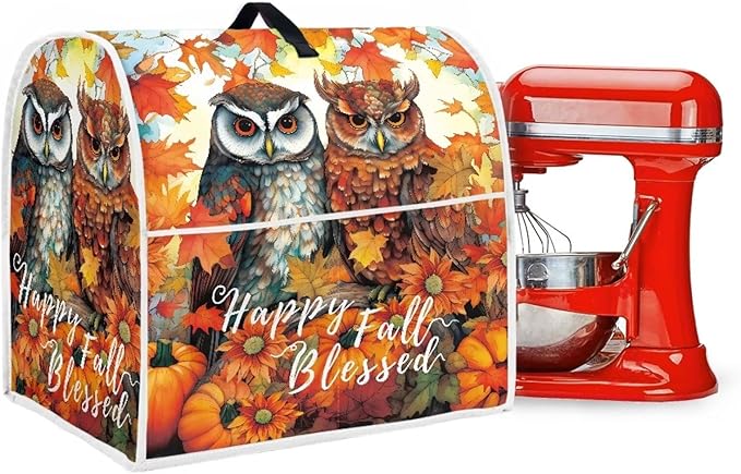 Owl Stand Mixer Cover Compatible with 4.5-5 Quart, Autumn Pumpkin Kitchen Appliance Cover Universal for Air Fryers Maple Leaf Coffee Makers Pressure Cooker Cover Thanksgiving Kitchen Decor