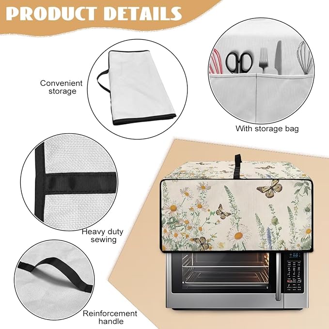 Butterfly Daisy Floral Print Microwave Oven Dust Cover Dust-Proof Heavy Duty Microwave Oven Cover with Storage Pockets Waterproof Decor Accessories for Kitchen, S