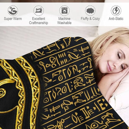 Ancient Egyptian Blanket, Egyptian Eye of Horus Ancient Culture Golden Egyptian Hieroglyphs Alphabet Print Blankets for Couch Sofa Bed Boys Mens, 50"x60"
