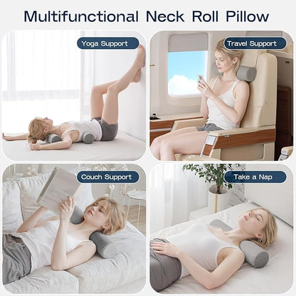 Neck Roll Pillow, Memory Foam Neck Support Pillows, Round Neck Pillows, Cylinder Bolster Pillows for Bed, Couch, and Yoga, Removable Washable Cover,18 * 4 * 4 inch (Small,Grey)