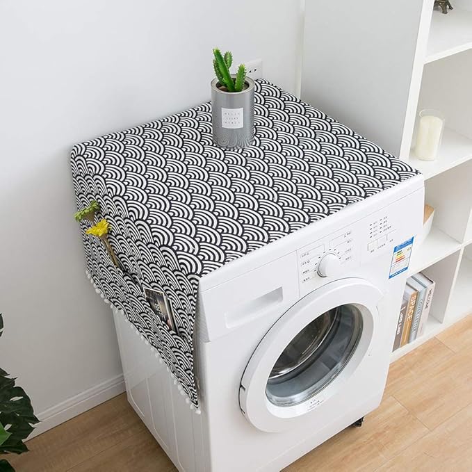 AKOAK 1 Pack 55 x 130cm /22 "x 51" Geometric Washing Machine Refrigerator Dust Cover, Multi-Purpose Household Cotton Linen Dust Microwave Cover, with Storage Pouch (Fish Scale)