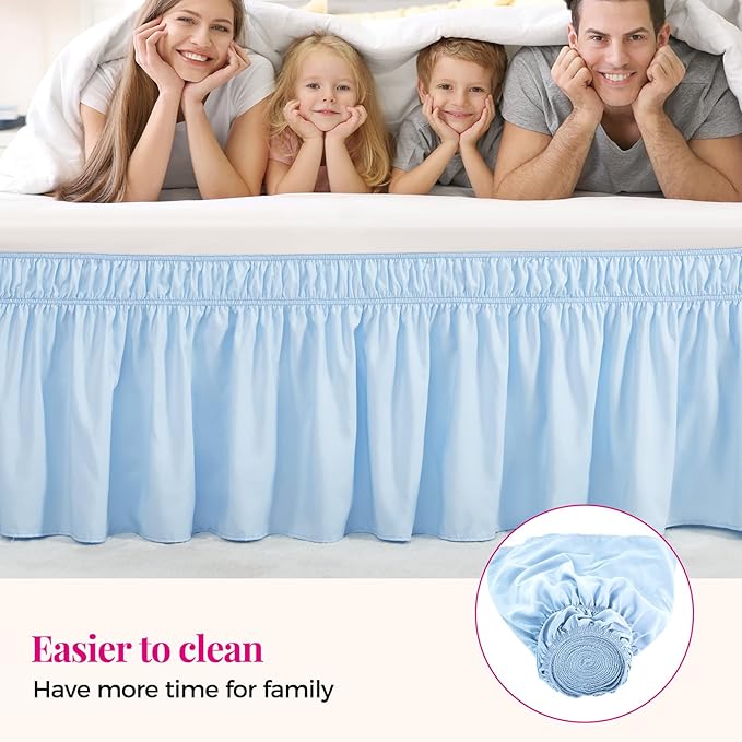 RIMELA Light Blue Bed Skirt King Size 18 Inch Drop, Elastic Bed Skirting for Bed Base and Frame, Bedding Dust Ruffle Easy to Install, Lightweight Wrap Around Adjustable Bedskirt