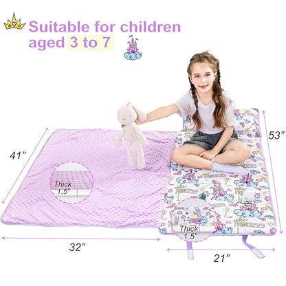 Viviland Toddler Nap Mat, Rolled Sleeping Mats with Pillow and Minky Dot Blanket for Girls, Kids Slumber Bag Nap Mat for Preschool, Daycare, Kindergarten, Travel Camping - Princess Fantasy