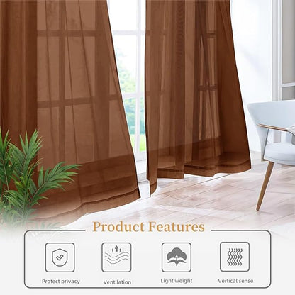 Sheer Curtains 63 Inches Long 2 Panels, Rod Pocket Short Curtain for Kitchen, Bedroom, Cafe Window(Brown 38" W x 63" L)
