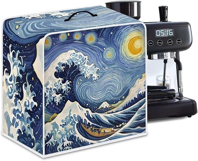 Starry Night Great Wave Print Coffee Maker Covers With Top Handle Folding Coffee Machine Dust Covers For Blender Mixer Juice Machine Keep Office Home Kitchen Clean