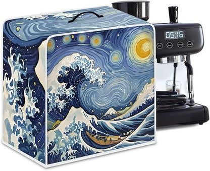 Starry Night Great Wave Print Coffee Maker Covers With Top Handle Folding Coffee Machine Dust Covers For Blender Mixer Juice Machine Keep Office Home Kitchen Clean