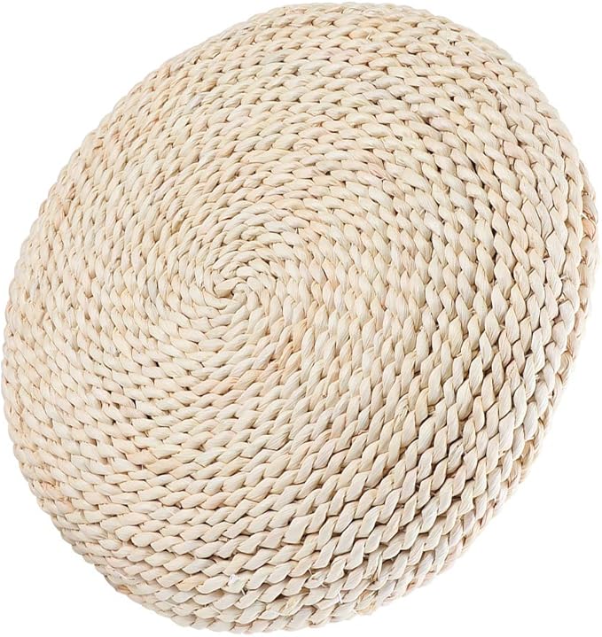 Japanese Round Tatami Hand Woven Floor Cushion, Meditation Yoga Mat, Corn Bran Pouf with Silk Floss Filler, Ergonomic for Zen Tea Ceremony, Home Decor, 40x40x6cm