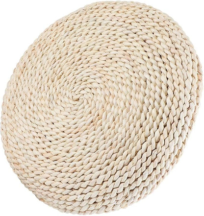 Japanese Round Tatami Hand Woven Floor Cushion, Meditation Yoga Mat, Corn Bran Pouf with Silk Floss Filler, Ergonomic for Zen Tea Ceremony, Home Decor, 40x40x6cm