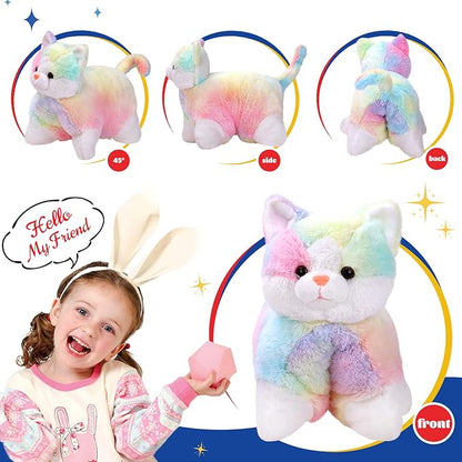 Glow Guards 16" Rainbow Cat Plush Pillow,Cute Kitty Stuffed Animal Soft Lovely Colorful Toy,Bedtime Sofa Decors,Christmas Birthday Children's Day Hoilday Gift for Toddler Kids