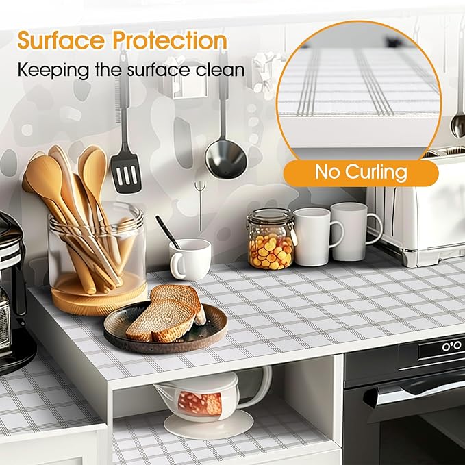 Shelf and Drawer Liner for Kitchen Cabinets Non-Adhesive, Strong Grip Non-Slip Thickened Cabinet Liners for Shelves, Waterproof Mats for Dresser Cupboard, White Square, 17 in x 30 Feet