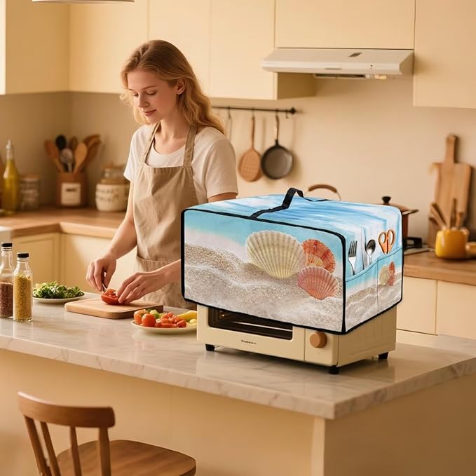 Toaster Oven Dust Cover Protective Microwave Oven Cover with Pockets, Small Appliance Decor for Kitchen Countertop, S, Beach Seashell