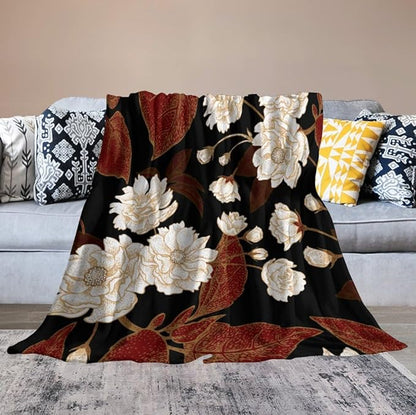 Red Gold Floral Blanket, Boho Dark Flower Leaves Chinese Plum Blossoms Botanical Vintage Throw Blanket for Bed Living Room Bedding Couch Soft Lightweight Warm Cozy Decor, 60"x80"
