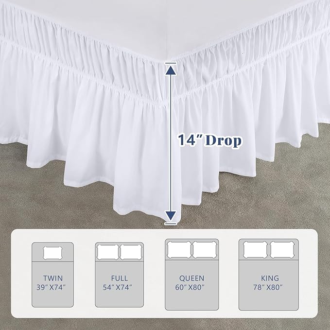Twin Bed Skirt, Elastic Wrap Around Bed Skirt Twin Size, Bed Skirts for Adjustable Bed, Easy Fit with 14" Drop Length Tailored Drop Dust Ruffle (White)
