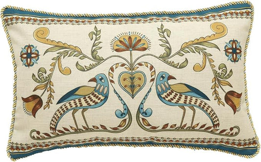 patdrea Designer Rectangle Throw Pillow Covers,Farmhouse Blue Linen with Birds Floral Pattern Pillow Cover,Decorative Lumbar Pillowcases Cushion for Bed Living Room Outdoor Car,12"x20"