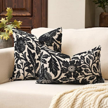 Yangest Chenille Floral Pillow Cover 18 x18 Inches, Neutral Jacquard Square Throw Pillow Cover Soft Decorative Nature Accent Couch Pillow Cover for Living Room Bedroom, Black