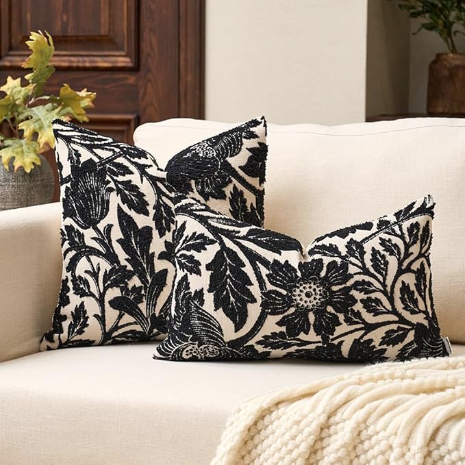 Yangest Chenille Floral Pillow Cover 12 x 20 Inches, Neutral Jacquard Rectangle Throw Pillow Cover Soft Decorative Nature Accent Couch Pillow Cover for Living Room Bedroom, Black