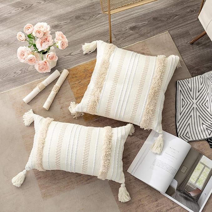 OJIA Lumbar Decorative Boho Throw Pillow Cover, 12 x 20 Farmhouse Cute Pillowcase Minimalist Neutral Collection Cream White Tufted with Tassels Woven Cushion Cover for Sofa Couch Bedroom Living Room