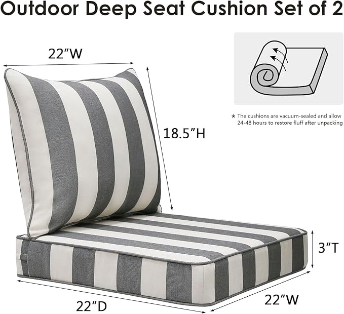 Outdoor Patio Chair Cushions Set, 22" x 22", Set of 2, Water-Repellent, Fade Resistant, Deep Seat Bottom and Back Cushion for Backyard, Couch, Sofa and Patio Furniture, Gray Stripe