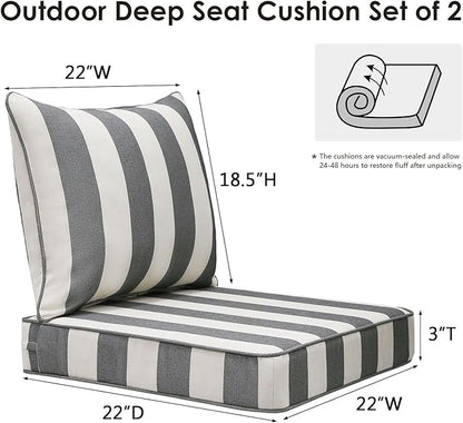 Outdoor Patio Chair Cushions Set, 22" x 22", Set of 2, Water-Repellent, Fade Resistant, Deep Seat Bottom and Back Cushion for Backyard, Couch, Sofa and Patio Furniture, Gray Stripe