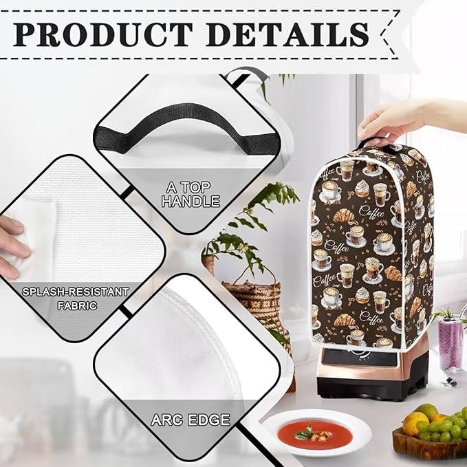 Coffee Bread Print Blender Dust Cover for Stand Mixer or Coffee Maker Appliance Anti Fingerprint Polyester Dust Proof Stain Resistant Blender Cover for Home Kitchen