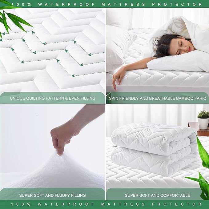 Unilibra Cal King Size Waterproof Mattress Pad Rayon Made from Bamboo, Quilted Breathable Mattress Protector, 6''-25'' Deep Pocket Fitted Mattress Cover White