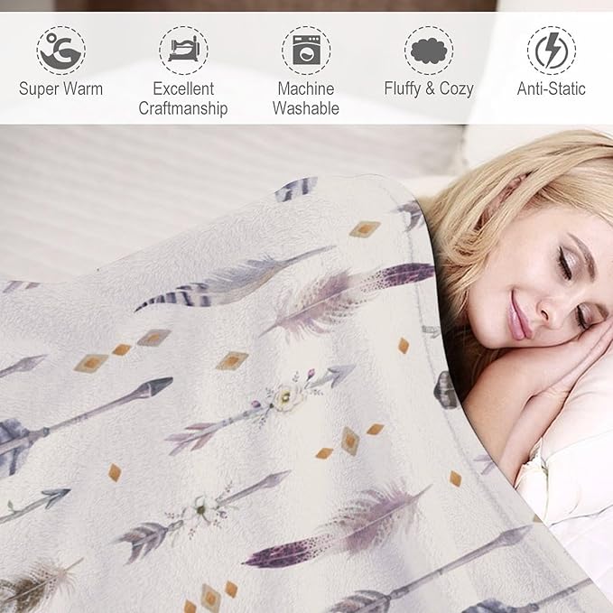 Boho Tribe Blanket, Bohemian Aztec Ethnic Tribe Native Tribal Arrows Feathers Print Pattern Throw Blanket for for Chair Bed Sofa Couch 50"x60"