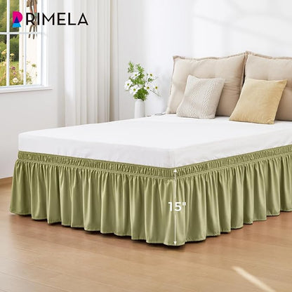 RIMELA Sage Green Bed Skirt Twin Size 15 Inch Drop, Elastic Bed Skirting for Bed Base and Frame, Bedding Dust Ruffle Easy to Install, Wrap Around Adjustable Bedskirt