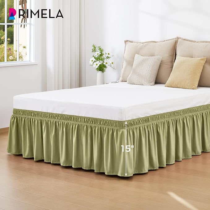 RIMELA Sage Green Bed Skirt Full Size 15 Inch Drop, Elastic Bed Skirting for Bed Base and Frame, Bedding Dust Ruffle Easy to Install, Wrap Around Adjustable Bedskirt