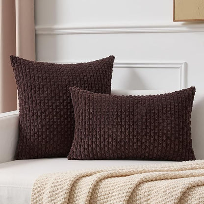 Kevin Textile 14x24 Inch Pillow Cover 1 Pack Boho Decorative Soft Striped Corduroy Lumbar Farmhouse Accent Rectangle Cushion Case for Living Room Couch Sofa Bed, Coffee