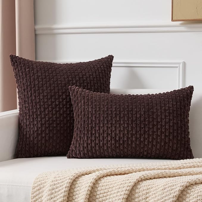 Kevin Textile 12x24 Inch Pillow Cover 1 Pack Boho Decorative Soft Striped Corduroy Lumbar Farmhouse Accent Rectangle Cushion Case for Living Room Couch Sofa Bed, Coffee