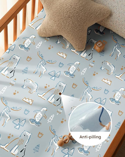 Pack and Play Sheets Fitted 3 Pack, Mini Crib Sheets for Pack N Play Mattress Stretchy Portable Playard Sheets, Soft Breathable Blue & Apricot Bear