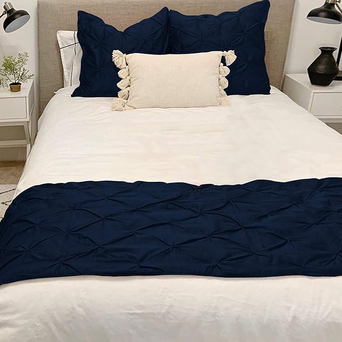 Bed Runner Set - 100% Pure Cotton 800 Thread Count - Luxury 1 Pinch Pleated Bed Runner and 2 Pillow Cover - 3 Piece Pinch Pleated Bed Runner Set Twin, Navy Blue