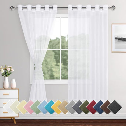 XWZO White Sheer Curtains 63 Inch Length 2 Panels for Living Room with Tiebacks, Light Filtering Faux Linen Voile Grommet Window Curtains for Living Room, Farmhouse, Study, 60 x 63 Inches Length