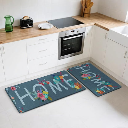 GENIMO Anti Fatigue Kitchen Mats for Floor, Non Slip Washable Home Theme Rugs Sets of 2, Farmhouse Cushioned Waterproof Comfort Runner Rug for Kitchen, Sink, Desk, Laundry, 17"x 47"+17"x 30", Blue