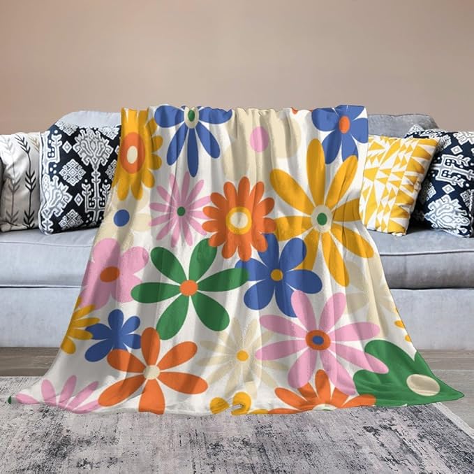 70s Retro Flower Throw Blanket, 60s Vintage Groovy Daisy Flowers Boho Hippie Bright Colorful Floral Print Blanket for Couch Chair Sofa Bed Dorm Bedroom Home 30"x40"