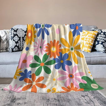 70s Retro Flower Throw Blanket, 60s Vintage Groovy Daisy Flowers Boho Hippie Bright Colorful Floral Print Blanket for Couch Chair Sofa Bed Dorm Bedroom Home 30"x40"