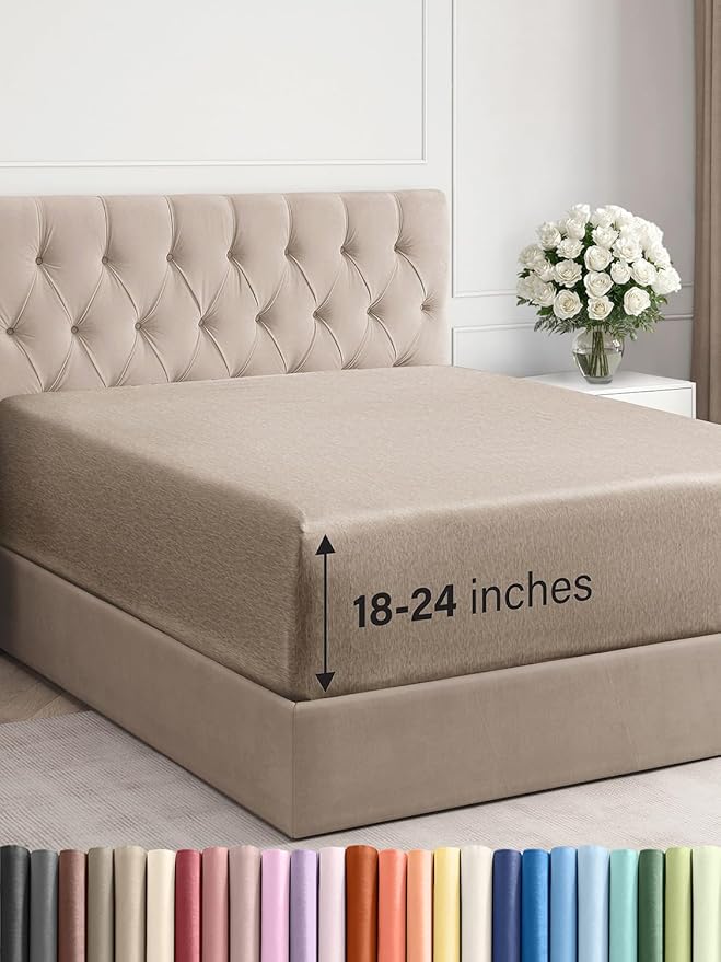 Extra Deep King Fitted Sheet - Hotel Luxury Single Fitted Sheet Only - Easily Fits 18 inch to 24 inch Mattress - Ultra Soft, Wrinkle Free w/Extra Deep Pockets - Breathable & Comfy - Heathered Beige