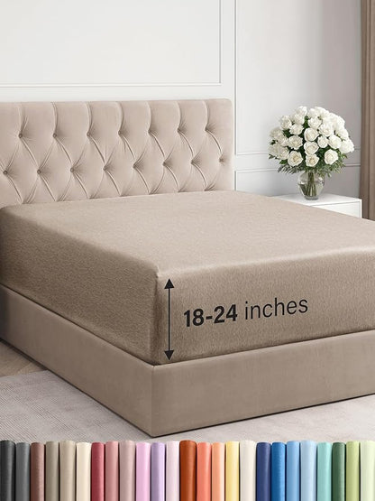Extra Deep King Fitted Sheet - Hotel Luxury Single Fitted Sheet Only - Easily Fits 18 inch to 24 inch Mattress - Ultra Soft, Wrinkle Free w/Extra Deep Pockets - Breathable & Comfy - Heathered Beige