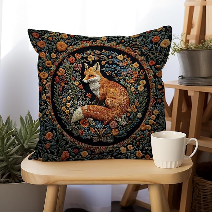 YOU FOUND ME William Morris Abstract Vintage Floral Velvet Fox Design Throw Pillow Covers Home Decor, Retro Art Deco Pillowcase Cushion Cover for Bed Sofa Living Room, Square 18x18inch (Fox)