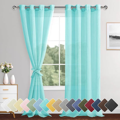 XWZO Sheer Curtains 108 Inches Long, Light Filtering Extra Long Voile Drape Lightweight Grommet Window Curtains for Patio Door, Living Room, Nursery, Mint Green, W52 x L95, Set of 2 Soft Panels