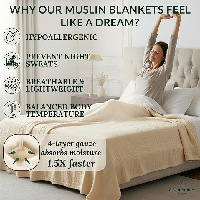 Cloud Scape Linen Oversized 4 Layer Muslin Blanket Twin Size - 100% Cotton, Lightweight & Breathable All Season Gauze, Pre-Washed, for Bed, Couch, fits Twin XL Bed,68x92, Ivory
