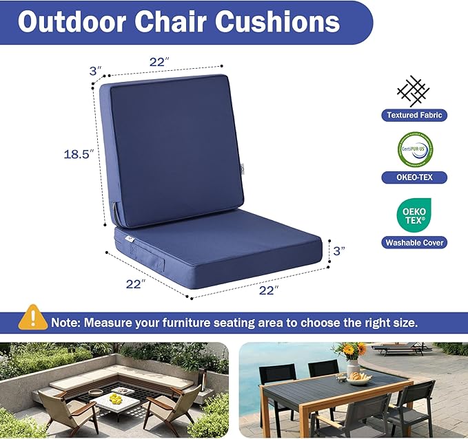 Outdoor Chair Cushions, Waterproof Patio Chair Cushions 22x22x3 Inch, Outdoor Cushions with Removable Cover for Sofa, Fade Resistant Patio Cushions for Outdoor Furniture, Navy Blue