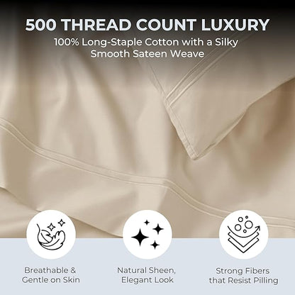 100% Natural Cotton Bed Sheets | 500 TC Single-Ply Sateen Weave Twin XL Sheets | Breathable & Hypoallergenic Solid 3-Piece Bedding with Deep Pocket Fitted, Flat, Pillowcase | Cream Beige