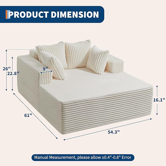 61" Oversized Chaise Lounge Chair Indoor, Boneless Couch Cloud Fluffy Chaise Lounges Corduroy Upholstered Sofa Bed w/Throw Pillows for Living Room Home Beige