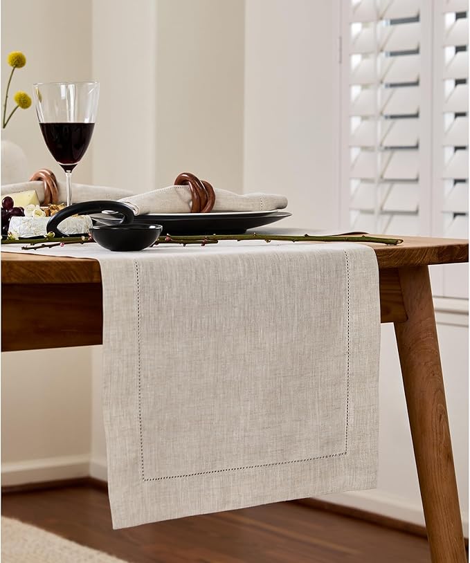 Solino Home Linen Light Natural Table Runner 72 Inches Long - 100% Pure Linen Hemstitch Table Runner 14 x 72 Inch for Dresser, Dining, Christmas, New Year - Classic Hemstitch