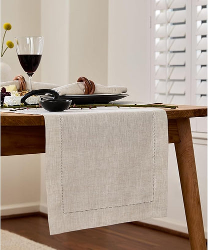 Solino Home Linen Light Natural Table Runner 132 Inches Long - 100% Pure Linen Extra Long Table Runner 14 x 132 Inch - Classic Hemstitch