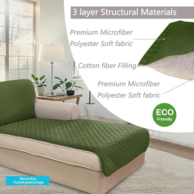 U-NICE HOME Sectional Couch Cover for Dogs Chaise Lounge Reversible Sofa Cover Furniture Protector Cover for Pets with Elastic Adjustable Strap (Chaise Lounge, Huntergreen/Sage)