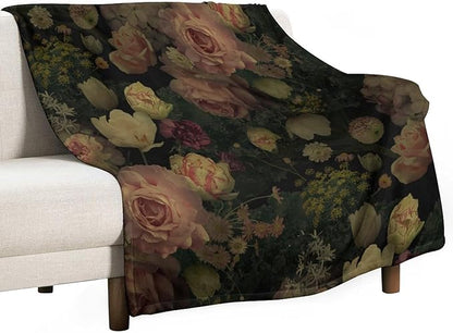 Black Floral Blanket, Rustic Watercolor Botanical Rose Peony Vintage Leaves Plant Boho Gothic Print Throw Blankets for Bed Living Room Bedding Couch Soft Decor, 60"x80"