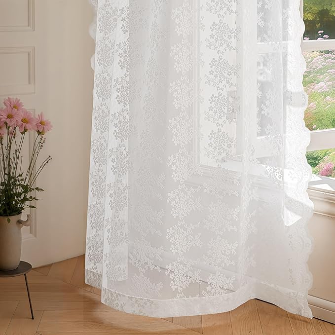 Anmao Vintage Lace Curtains 90 Inches Long 2 Panels Set, Romantic Elegant Light Filtering Semi Sheer Floral Thick Lacy Curtain Drapes for Living Room and Bedroom, Each Panel 55W x 90L, Bright White