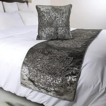 The HomeCentric Decorative Designer Handmade Bed Runner With 2 Throw Pillow Covers - 68 x 18 Inch Damask Full Size Scarf in Foil Velvet and Embroidery Linen - Foil Damask